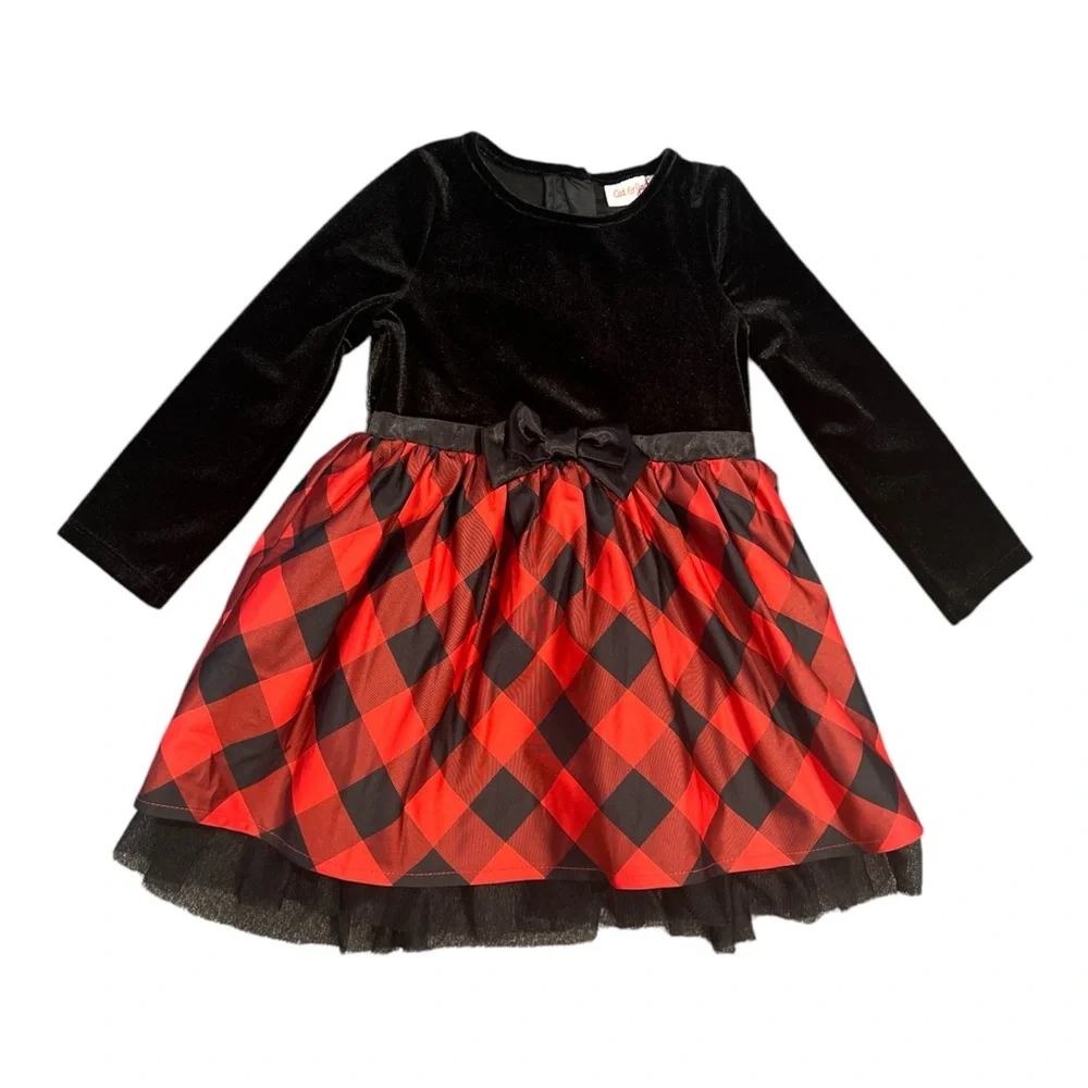 Cat & Jack Toddler Girls Velour Buffalo Check‎ LS Dress Tulle Trim Layers 2T